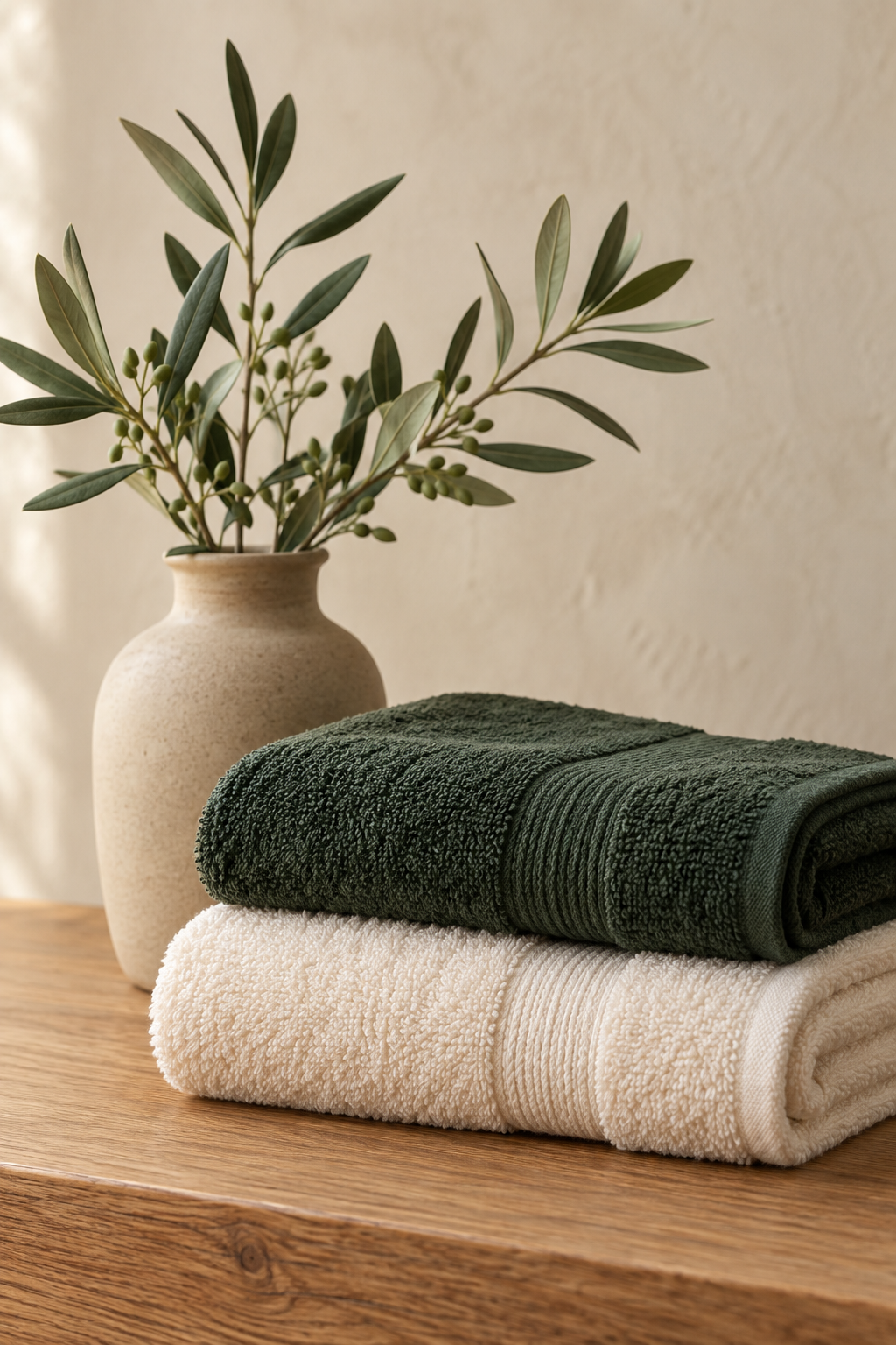 Grüne und cremefarbene Handtücher auf Holz neben einem Olivenzweig in einer Keramikvase